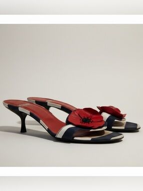 Moschino Vintage Y2K Poppy Floral Striped Kitten Heel Mules Slides Sandals Shoe